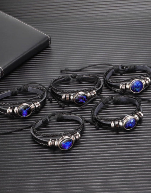 Adjustable Guardian Zodiac Constellation Pisces Bracelet Black Leather